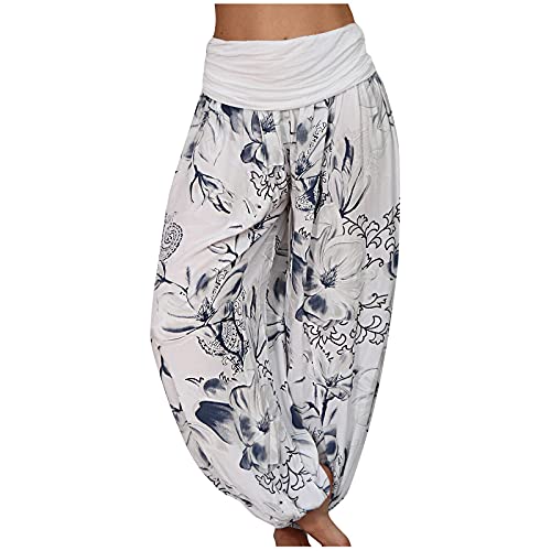 Hosenanzug Damen Business Mit Elastische Bund Leicht Lang Sommerhose Jogin Hosen Stilvolle Freizeitliche Yogahose Mit Taschen Boho Haremshosen Damen Sommer Lang Sweathose,White,5XL von Litale