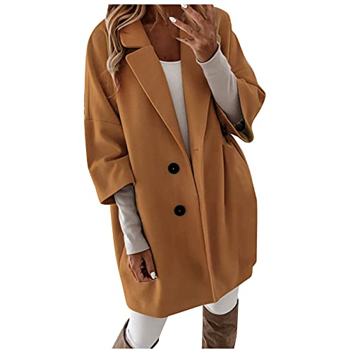 Litale Damen Wollmantel 3/4 Ärmel Lange Wolljacke Reverskragen Einreihig Trenchcoat Mantel Elegante Mischung Mäntel Übergangs Jacke Warme Winterjacke Taschen Wintermantel Lang Cardigan Outwear Coat von Litale