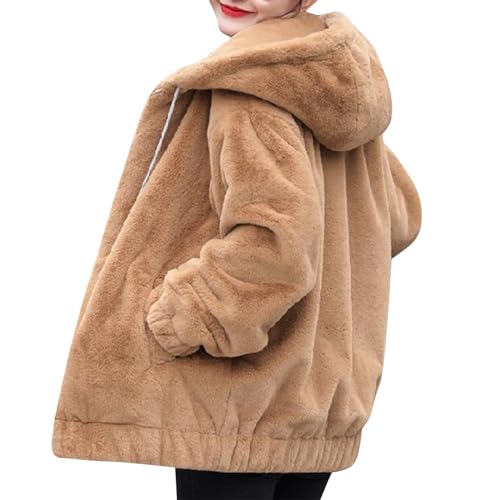 Litale Übergangsjacke Damen Teddyfleece Jacke Fleece Hoodie Damen Oversize Damen Fleeceparka Winddicht Flanell Jacke Damen Gefüttert Plüsch Wintermantel Damen Cardigan Fleece Damen(Khaki,4XL) von Litale