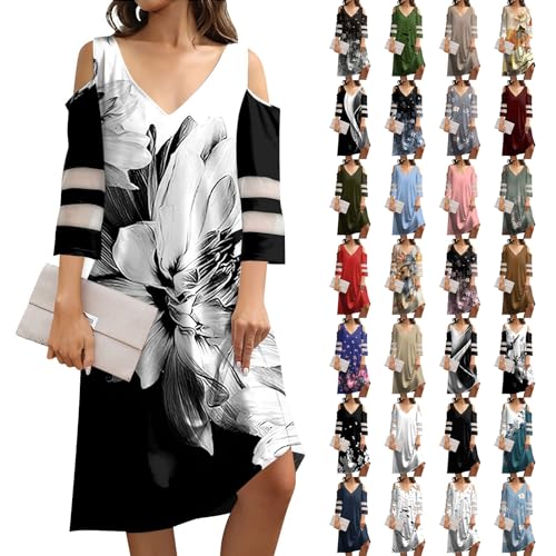 Sonderangebote & Damenbekleidung Kleider Für Mädchen 3/4 Arm Kleid Midi Dress Abendkleid V-Ausschnitt Strandkleider Sommer Elegant Sommerkleid Lang Geometrischer Print Kleider Sommer(#A Gray,3XL) von Litale