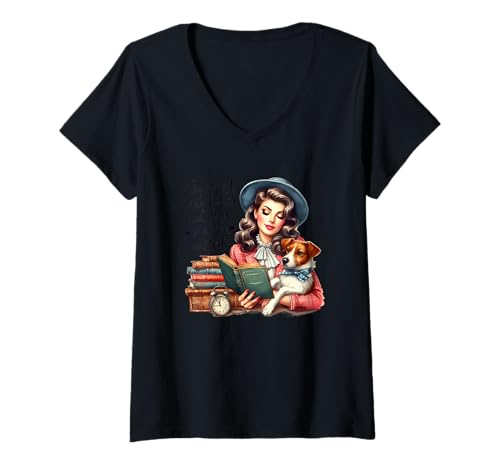 Damen Zeit mit Büchern und Hunden Wird nie verschwendet T-Shirt mit V-Ausschnitt von Literary Canine Companions Delightful Reading