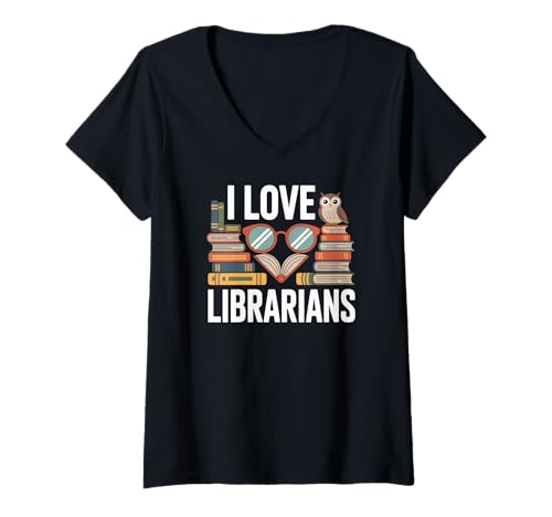 Damen I Love Librarians Bücherwurm Eule Brille T-Shirt mit V-Ausschnitt von Literary Enthusiasts Book Lovers Unite