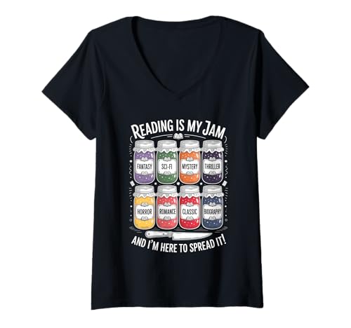 Damen Reading is My Jam Lustiger Buchliebhaber Wortspiel Bibliothekar Bücherwurm T-Shirt mit V-Ausschnitt Damen Reading is My Jam Lustiger Buchliebhaber Wortspiel Bibliothekar Bücherwurm T-Shirt mit V-Ausschnitt von Literary Puns Co
