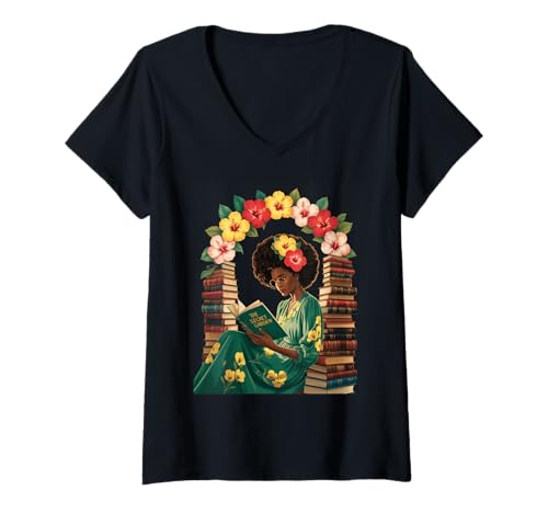Damen Buchliebhaber Spruch Frau liest umgeben von Blumen Mama T-Shirt mit V-Ausschnitt Damen Buchliebhaber Spruch Frau liest umgeben von Blumen Mama T-Shirt mit V-Ausschnitt von Literary Quote Reader Feminist Aesthetic Nature