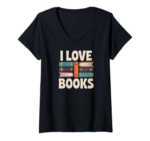 Damen Ich Liebe Bücher Stapel Bücher Leser Kunst T-Shirt mit V-Ausschnitt Damen Ich Liebe Bücher Stapel Bücher Leser Kunst T-Shirt mit V-Ausschnitt von Literature Enthusiast Bookworm Reader