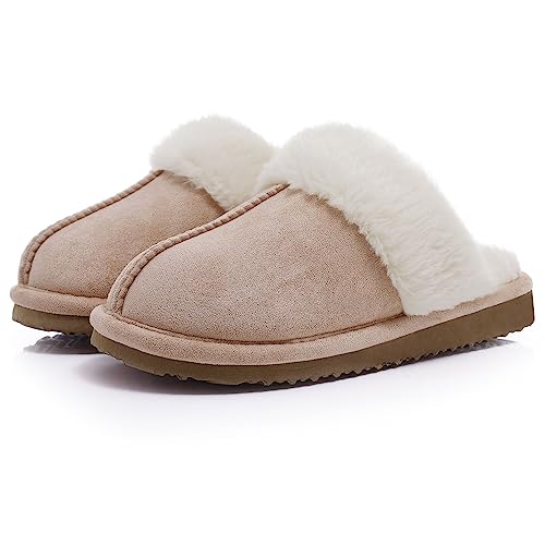 Litfun Damen Hausschuhe Winter Warme Plüsch Pantoletten Wildleder Memory-Schaum Slippers mit Kunstfellkragen Indoor Outdoor, Aprikose 40-41 EU von Litfun