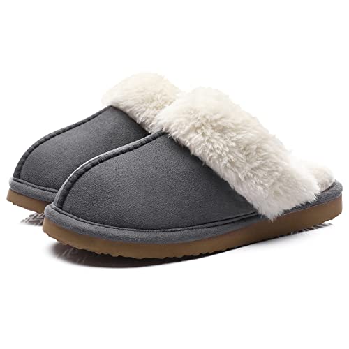 Litfun Damen Hausschuhe Winter Warme Plüsch Pantoletten Wildleder Memory-Schaum Slippers mit Kunstfellkragen Indoor Outdoor, Grau 46-47 EU von Litfun