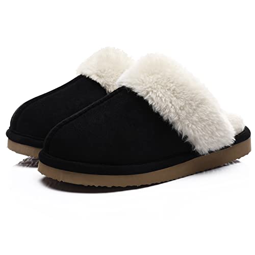 Litfun Damen Hausschuhe Winter Warme Plüsch Pantoletten Wildleder Memory-Schaum Slippers mit Kunstfellkragen Indoor Outdoor, Schwarz 40-41 EU von Litfun