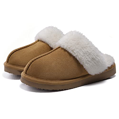Litfun Damen Hausschuhe Winter Warme Plüsch Pantoletten Wildleder Memory-Schaum Slippers mit Kunstfellkragen Indoor Outdoor, Kastanie 40-41 EU von Litfun