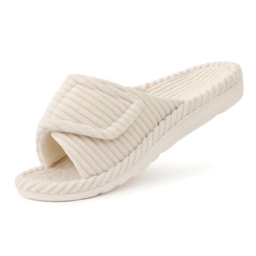 Litfun Orthopädische Damen Hausschuhe mit Memory Foam fussbett, Arch Support Verstellbarer Klettverschluss pantoffeln, Cord offene Zehen slipper Indoor Outdoor, Beige 40 UE von Litfun