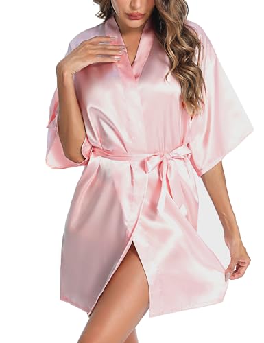 Litherday Bademantel Damen Sexy Morgenmantel Satin Kimono Kurz Nachthemd Nachtwäsche mit Sleepwear Robe mit Gürtel Einfarbiger Braut S-XXL,Rosa,M von Litherday