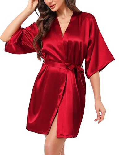 Litherday Bademantel Damen Sexy Morgenmantel Satin Kimono Kurz Nachthemd Nachtwäsche mit Sleepwear Robe mit Gürtel Einfarbiger Braut S-XXL,Weinrot,L von Litherday