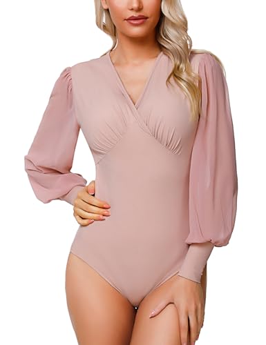 Litherday Damen Bodys Langarm Bodysuit für Damen Sexy Figurenformend Elegant Bodies Casual Langarmshirt Overall Blusenbody Top mit Durchsichtigen Laternenärmeln und V-Ausschnitt, Rosa, XL von Litherday