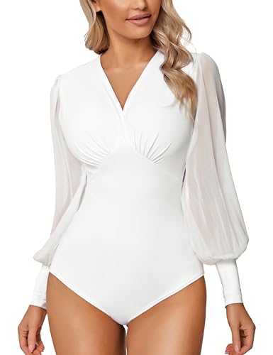 Litherday Damen Bodys Langarm Bodysuit für Damen Sexy Figurenformend Elegant Bodies Casual Langarmshirt Overall Blusenbody Top mit Durchsichtigen Laternenärmeln und V-Ausschnitt, Weiß, M von Litherday