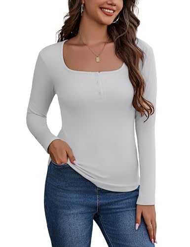 Litherday Damen Geripptes Langarmshirt Slim Fit Oberteil mit Square Neck und Knopfleiste, Basic Casual Stretch T-Shirt für Herbst & Winter von Litherday