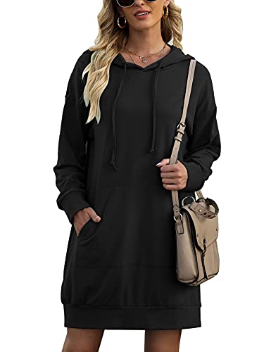 Litherday Damen Hoodie Lang Sweatshirts mit Kapuze Langarm Kapuzenpullover Kleid Sweatkleid Casual Minikleid mit Taschen Schwarz XXL von Litherday