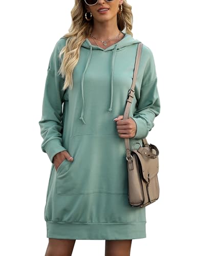 Litherday Damen Kapuzenpullover Dünn Kleid Langarm Baumwolle Einfarbig Hoodie Casual Mantel Outwear Sweatshirts mit Kapuze Minzgrün XXL von Litherday