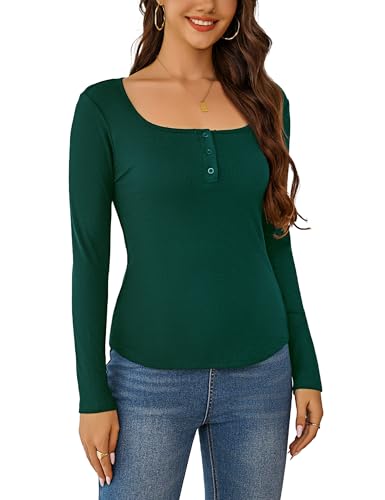Litherday Damen Langarmshirt Gerippt Slim Fit Oberteil mit Eckigem Ausschnitt und Knopfleiste, Stretch Basic T-Shirt für Casual von Litherday