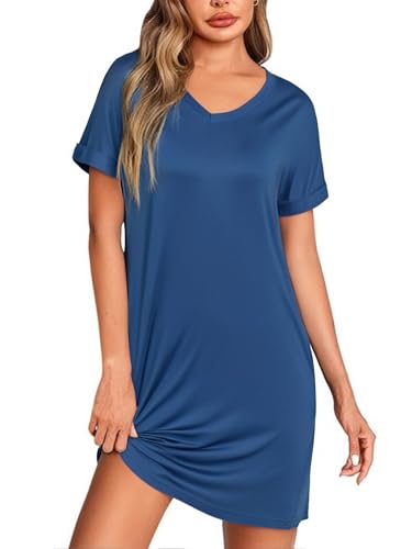 Litherday Damen Nachthemd Kurzarm Sommer Baumwolle Negligee Loose fit Schlafhemd Nachtwäsche Kurze Schlafshirt Nachtkleid mit Taschen Blau M von Litherday