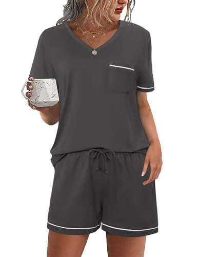 Litherday Damen Schlafanzug Kurz Baumwolle Pyjama Set Kurzarm Nachtwäsche T-Shirt Shorty Schlafanzughose Zweiteiliger Einfarbig Loungewear Dunkelgrau XL von Litherday