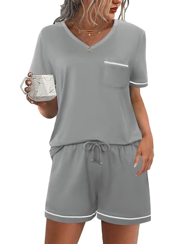 Litherday Damen Schlafanzug Kurz Baumwolle Pyjama Set Kurzarm Nachtwäsche T-Shirt Shorty Schlafanzughose Zweiteiliger Einfarbig Loungewear Hellgrau XXL von Litherday