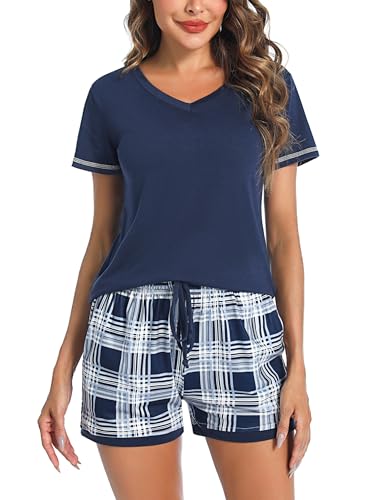 Litherday Schlafanzug Damen Kurz Baumwolle Pyjama Kurzarm Sommer Shorty Nachtwäsche Set Schlafhose Gedruckt Sleepwear V Kariert Aussschnitt Loungewear,Dunkelblau Kariert,L von Litherday