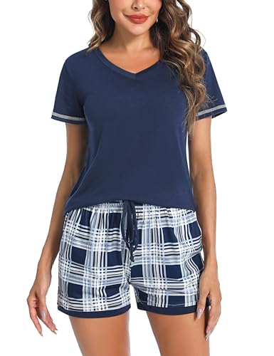 Litherday Damen Schlafanzug Kurz Pyjama Kurzarm Nachtwäsche Set Baumwolle Schlafhose Kariert Gedruckt Sleepwear Sommer V Aussschnitt Loungewear,Dunkelblau Kariert,XXL von Litherday