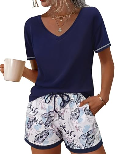 Litherday Schlafanzug Damen Kurz Baumwolle Pyjama Kurzarm Sommer Shorty Nachtwäsche Set Schlafhose Gedruckt Sleepwear V Kariert Aussschnitt Loungewear,Marineblaue Pflanze,L von Litherday
