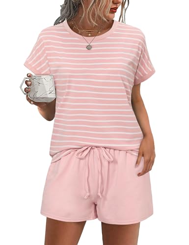 Litherday Damen Schlafanzug Kurz Pyjama Set Baumwolle Rundhals Zweiteiliger Nachtwäsche Hausanzug Gestreift Loungewear mit Taschen Rosa XXL von Litherday