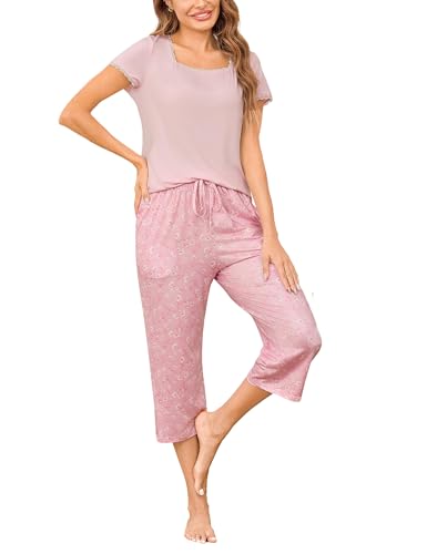 Litherday Damen Schlafanzug Kurz Pyjama Set Baumwolle Sommer Nachtwäsche Zweiteiliger Kurzarm und 3/4 Lang Pyjamahose Freizeitanzug Hellrosa L von Litherday