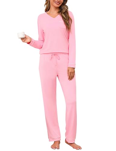 Litherday Damen Schlafanzug Lang Baumwolle Pyjama Set Winter Einfarbig Langarm Nachtwäsche Sleepwear Zweiteiliger T-Shirt mit Tasche Rosa XXL von Litherday