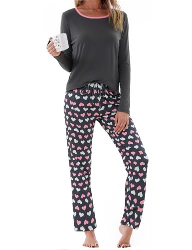 Litherday Damen Schlafanzug Lang Pyjama Set Langarm Nachtwäsche Set Baumwolle Schlafhose mit Herzmuster Winter Rundhals Loungewear Dunkelgrau-A L von Litherday