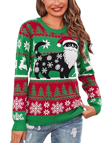 Litherday Weihnachtspullover Damen Ugly Christmas Sweater mit Katze und Schneeflocke Langarm Warme Strickpullover Rundhals Hässlicher Weihnachtspulli Grün M von Litherday