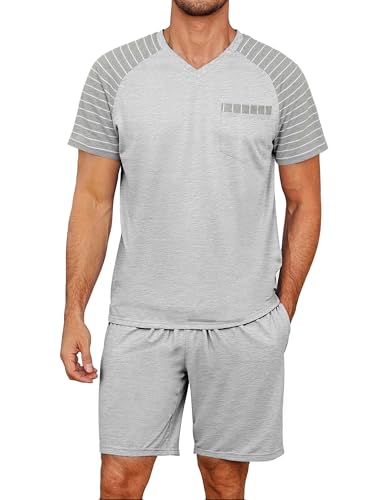 Litherday Schlafanzug Herren Kurz Shorty Sommer Baumwolle Pyjama Set Zweiteiliger Kurzarm Nachtwäsche T-Shirt Schlafanzughose Männer Hellgrau S von Litherday