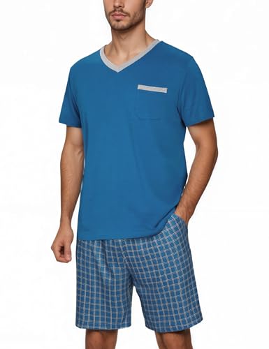Litherday Herren Schlafanzug Kurz Baumwolle Zweiteiliger Set Pyjama Nachtwäsche Kurzarm Oberteil und Karierte Hausanzug Sleepwear Blaugrün M von Litherday