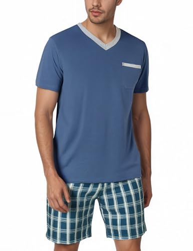 Litherday Herren Schlafanzug Kurz Pyjama Baumwolle Kurzarm T-Shirt Kariert mit Tasche Pyjamahose Zweiteilig Set Nachtwäsche für Männer Blaugrau L von Litherday
