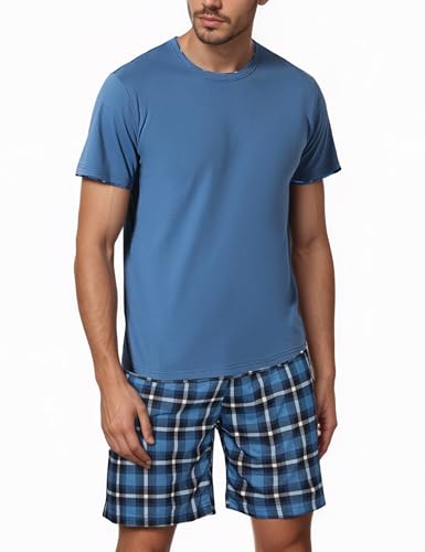 Litherday Schlafanzug Herren Kurz Pyjama Baumwolle Kurzarm Zweiteiliger Pyjama Set Nachtwäsche Kurzarm Oberteil und Karierte Schlafanzughose Hausanzug Sleepwear Weich und Hautfreundlich von Litherday