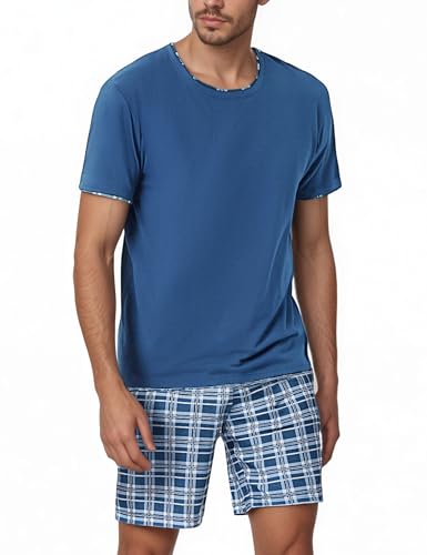 Litherday Herren Schlafanzug Kurz Pyjama Baumwolle Kurzarm Zweiteiliger Pyjama Set Nachtwäsche Kurzarm Oberteil und Karierte Schlafanzughose Hausanzug Sleepwear Weich und Hautfreundlich von Litherday