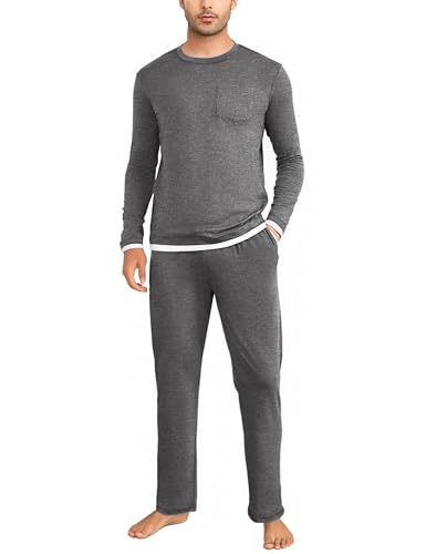 Litherday Herren Schlafanzug Lang Winter Baumwolle Pyjamas Set Zweiteiliger Langarm Shirt und Schlafanzughose mit Tasche Nachtwäsche für Männer von Litherday