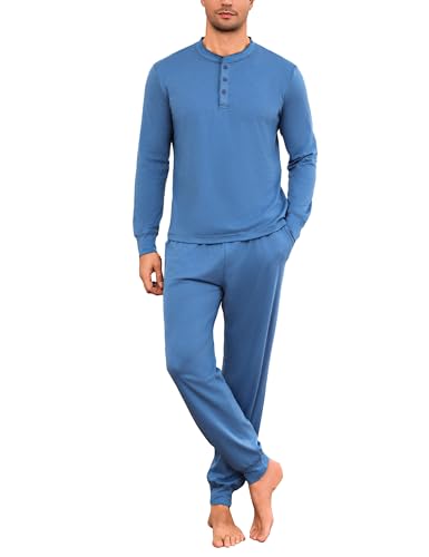 Litherday Herren Pyjama Lang Schlafanzug Baumwolle Warm 2-Teilig mit Rundhals Schlafanzugoberteile und Pyjamahose(Blau,XXL) von Litherday
