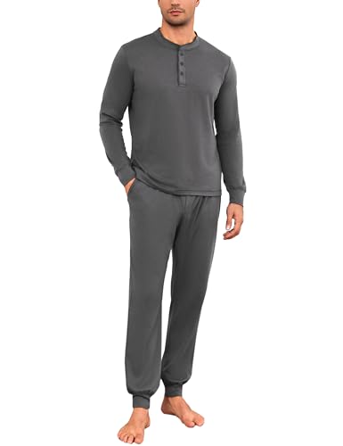 Litherday Herren Schlafanzug Lange Pyjama Set Baumwolle Kurzarm Langarmshirt und Pyjamahose mit Tasche von Litherday