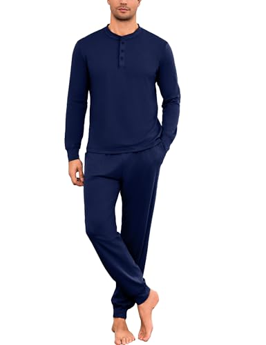 Litherday Pyjama Herren Lang Schlafanzug Baumwolle Langarm Weicher Zweiteilig Nachtwäsche Sleepwear und Pyjamahose mit Tasche(Marineblau,XL) von Litherday