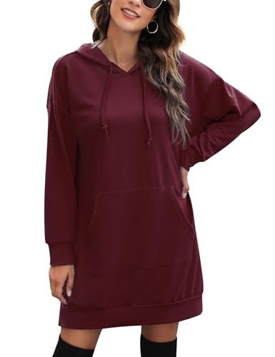 Litherday Hoodie Damen Langarm Kapuzenpullover Dünn Langarm Sweatshirt Einfarbig Kleid Langarmshirt Oversize mit Kapuze Weinrot XXL von Litherday