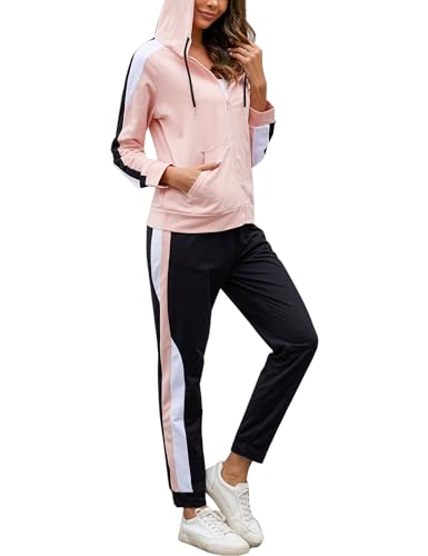 Litherday Jogginganzug Damen Lang Freizeitanzug Baumwolle Trainingsanzug Frauen Streifen Sportanzug, Hellrosa+Schwarz, M von Litherday