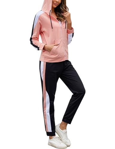 Litherday Jogginganzug Damen Lang Freizeitanzug Baumwolle Trainingsanzug Frauen Streifen Sportanzug, Rosa+Schwarz, XXL von Litherday