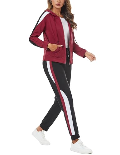 Litherday Jogginganzug Damen Lang Freizeitanzug Baumwolle Trainingsanzug Frauen Streifen Sportanzug, Rot+Schwarz, XXL von Litherday