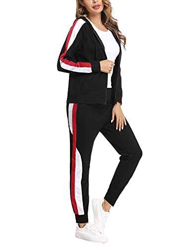 Litherday Jogginganzug Damen Lang Freizeitanzug Baumwolle Trainingsanzug Frauen Streifen Sportanzug, Schwarz, XL von Litherday