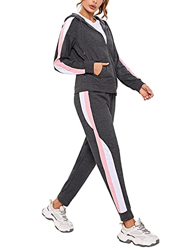 Litherday Jogginganzug Damen Lang Freizeitanzug Streifen Trainingsanzug Frauen Baumwolle Sportanzug mit Taschen, Dunkelgrau, L von Litherday
