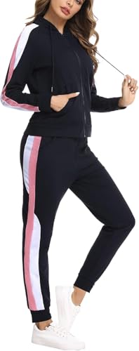 Litherday Jogginganzug Damen Lang Freizeitanzug Streifen Trainingsanzug Frauen Baumwolle Sportanzug mit Taschen, Marine, S von Litherday