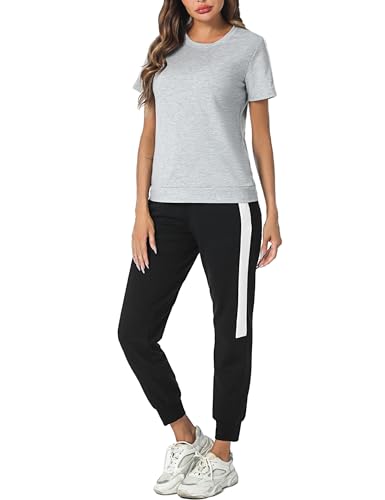 Litherday Jogginganzug Damen Streatwear Trainingsanzüge Baumwolle Tracksuit Kurzarm Streifen Sportanzug Frauen Sport Set Rundhals Sommer freizeitanzug von Litherday